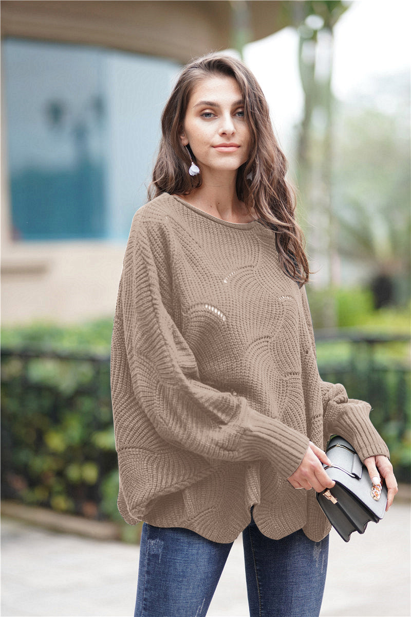 Openwork Boat Neck Sweater with Scalloped Hem