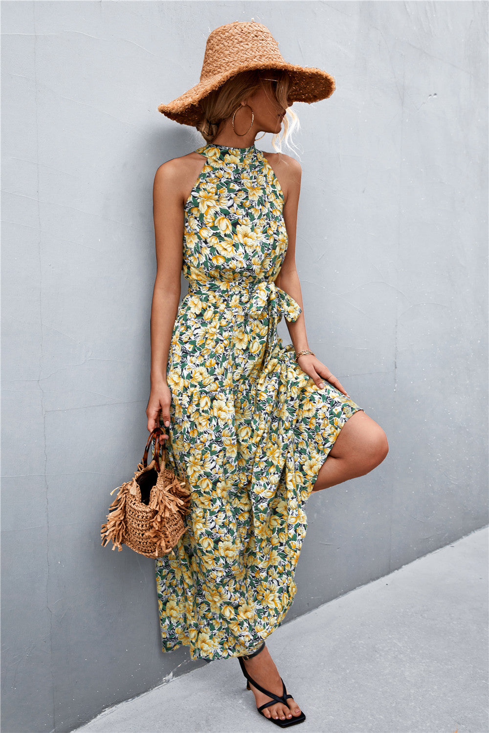 Printed Tie Waist Maxi Dress