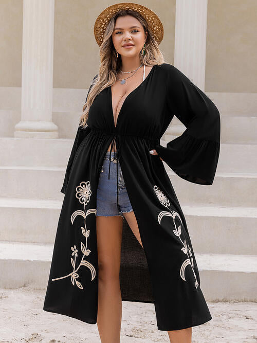 Plus Size Floral Drawstring Duster