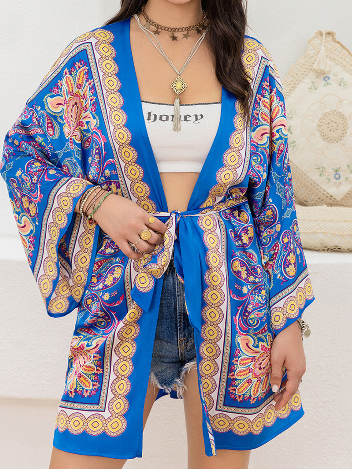 Printed Tie Belt Long Sleeve Kimono