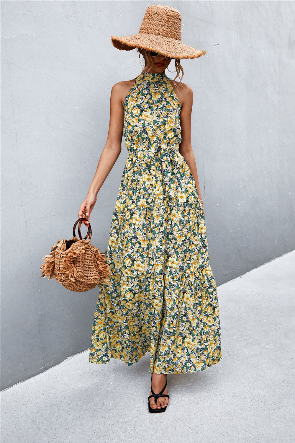 Printed Tie Waist Maxi Dress