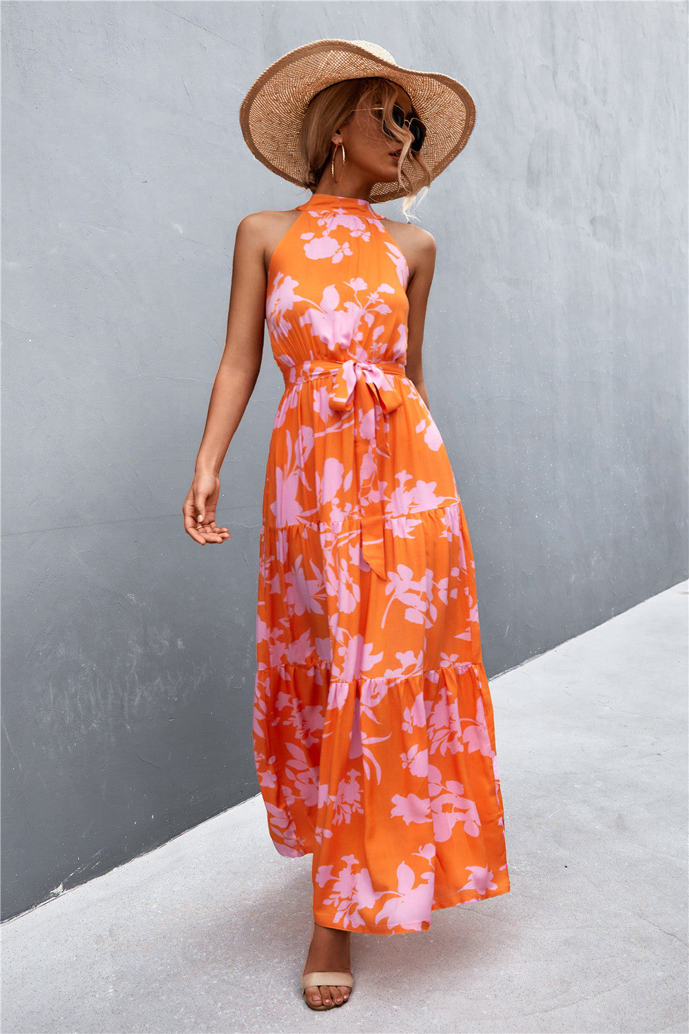 Printed Tie Waist Maxi Dress