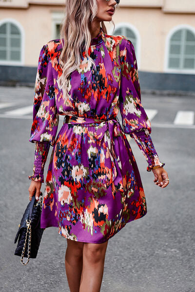 Printed Tie Waist Mock Neck Lantern Sleeve Dress