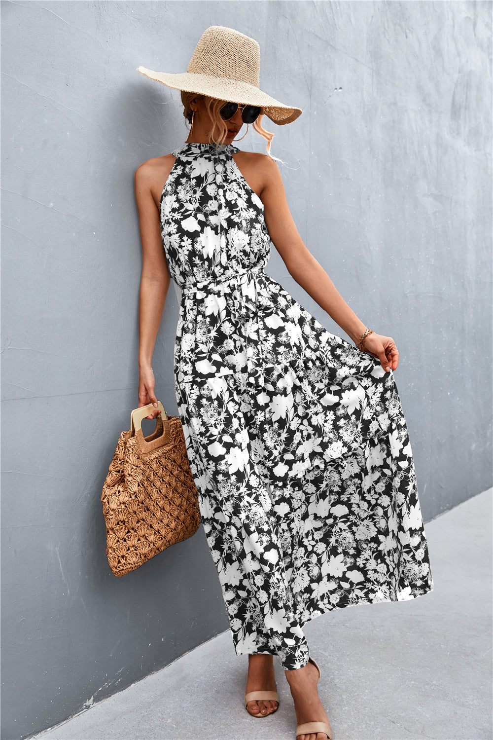 Printed Tie Waist Maxi Dress