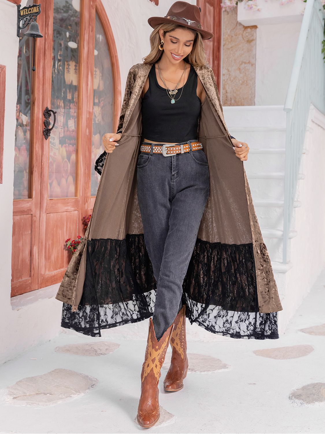 Flare Sleeve Lace Trim Duster