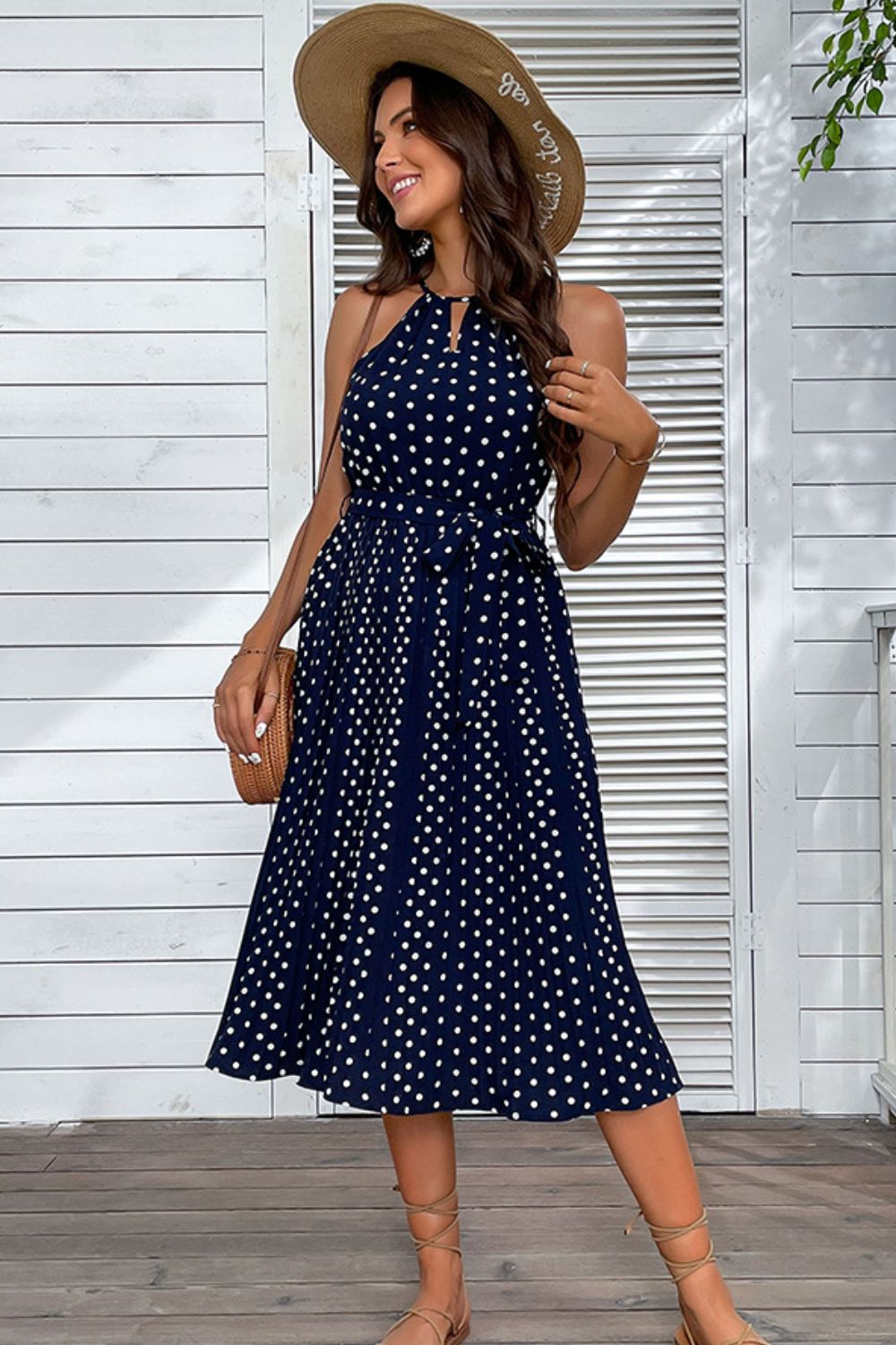 Polka Dot Tie-Waist Sleeveless Midi Dress