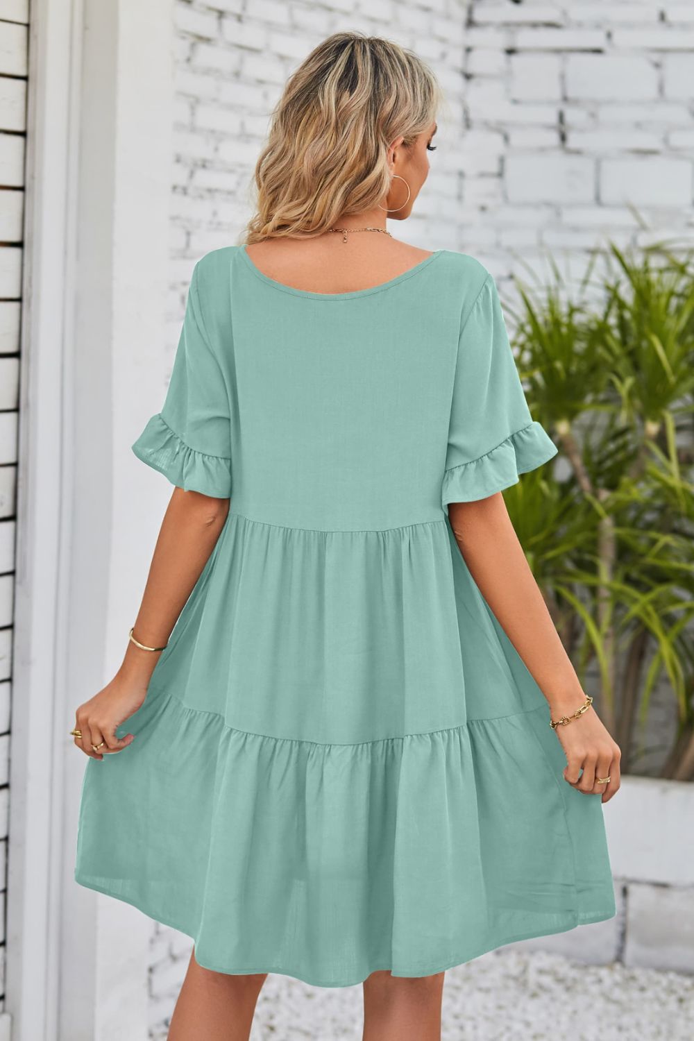 V-Neck Flounce Sleeve Tiered Dress