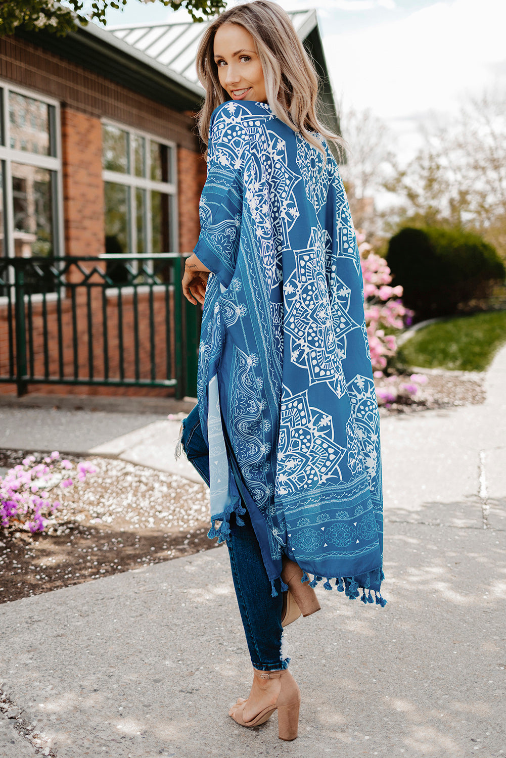 Printed Tassel Trim Kimono