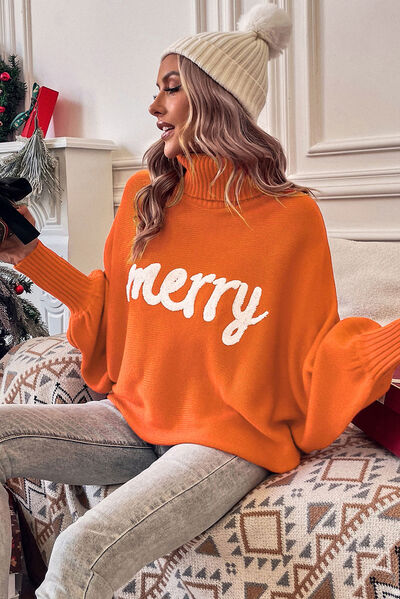 “Merry” Letter High Neck Sweater