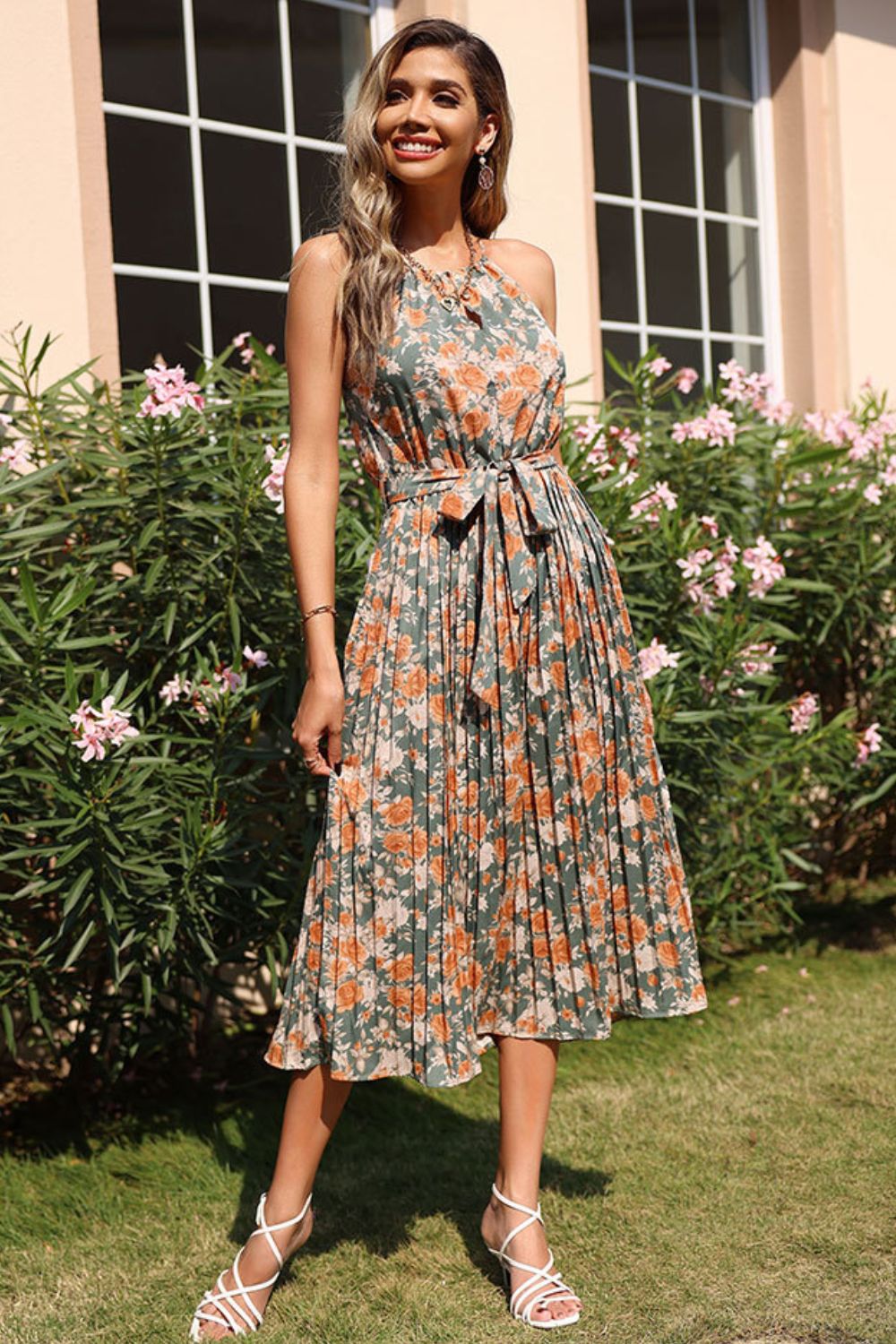 Floral Tie Waist Pleated Dress