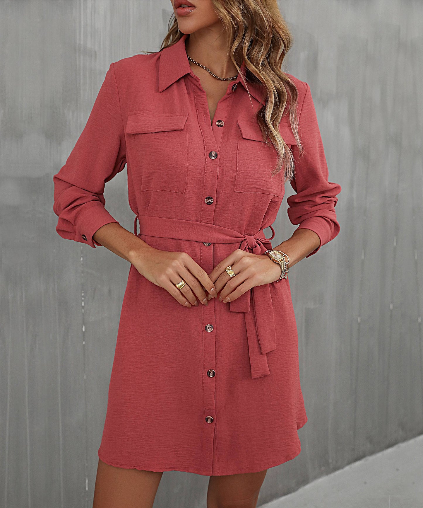 Button Down Belted Long Sleeve Shirt Dress