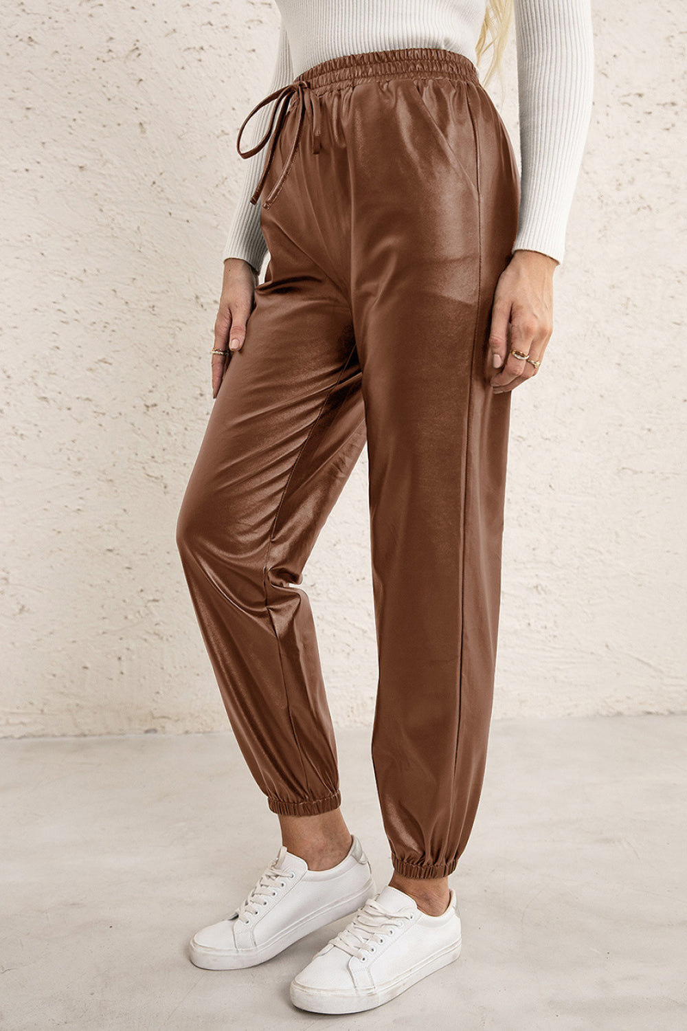 Elastic Waist PU Leather Joggers