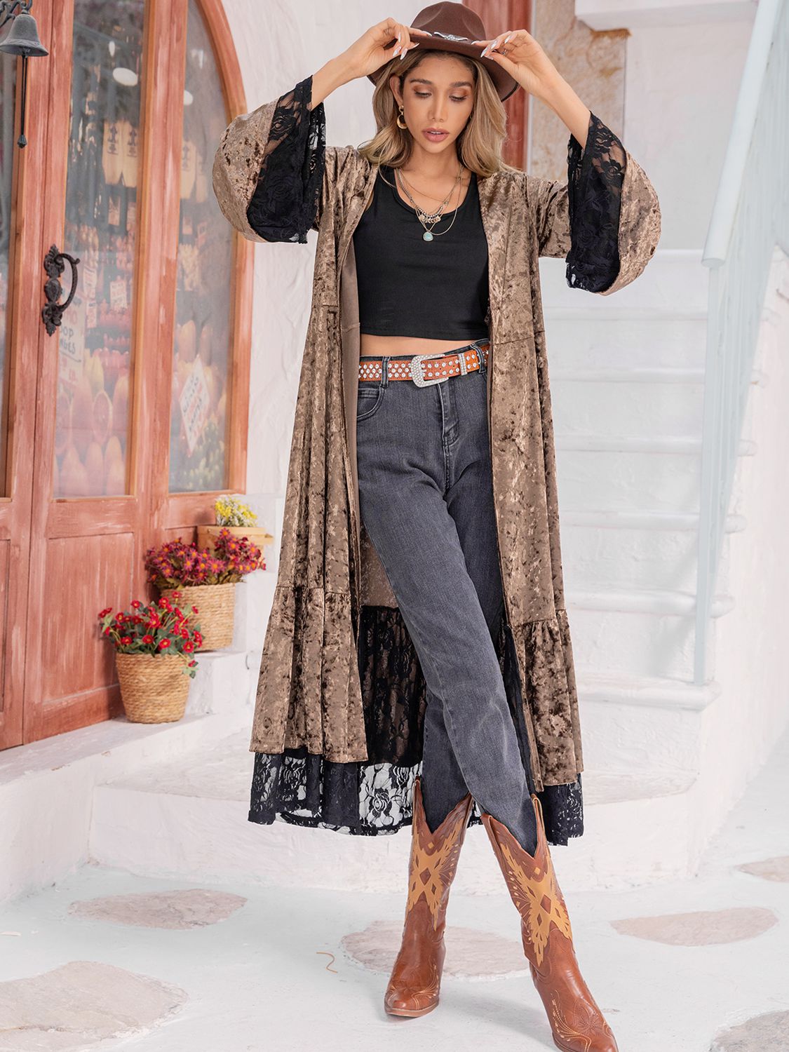 Flare Sleeve Lace Trim Duster