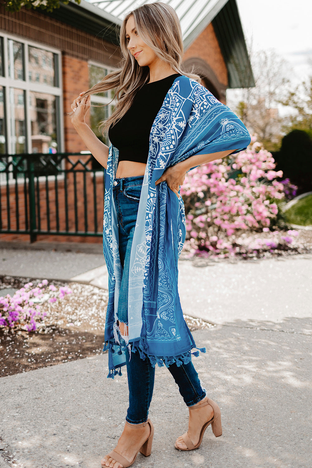 Printed Tassel Trim Kimono