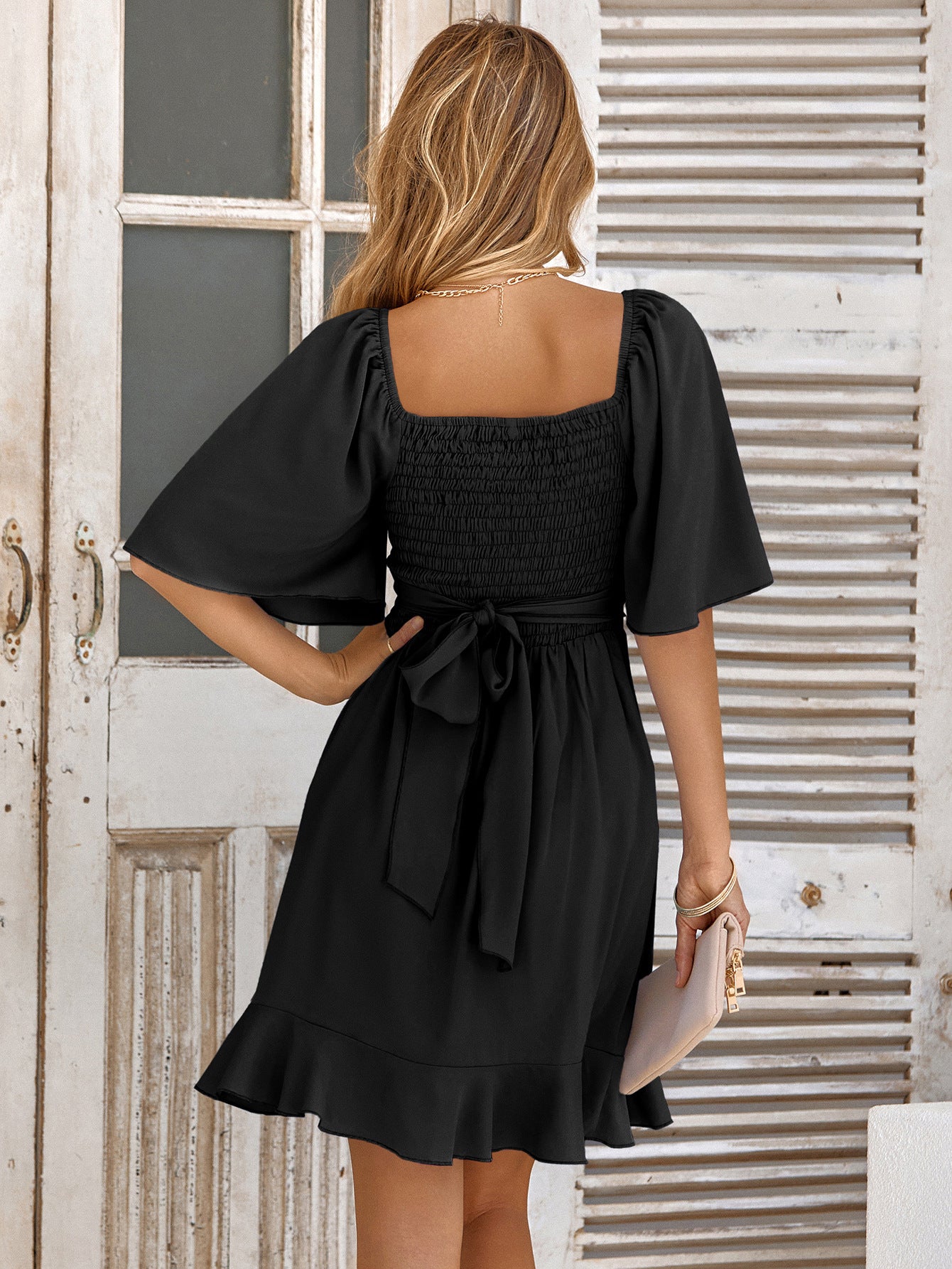 Smocked Tie Back Ruffle Hem Dress