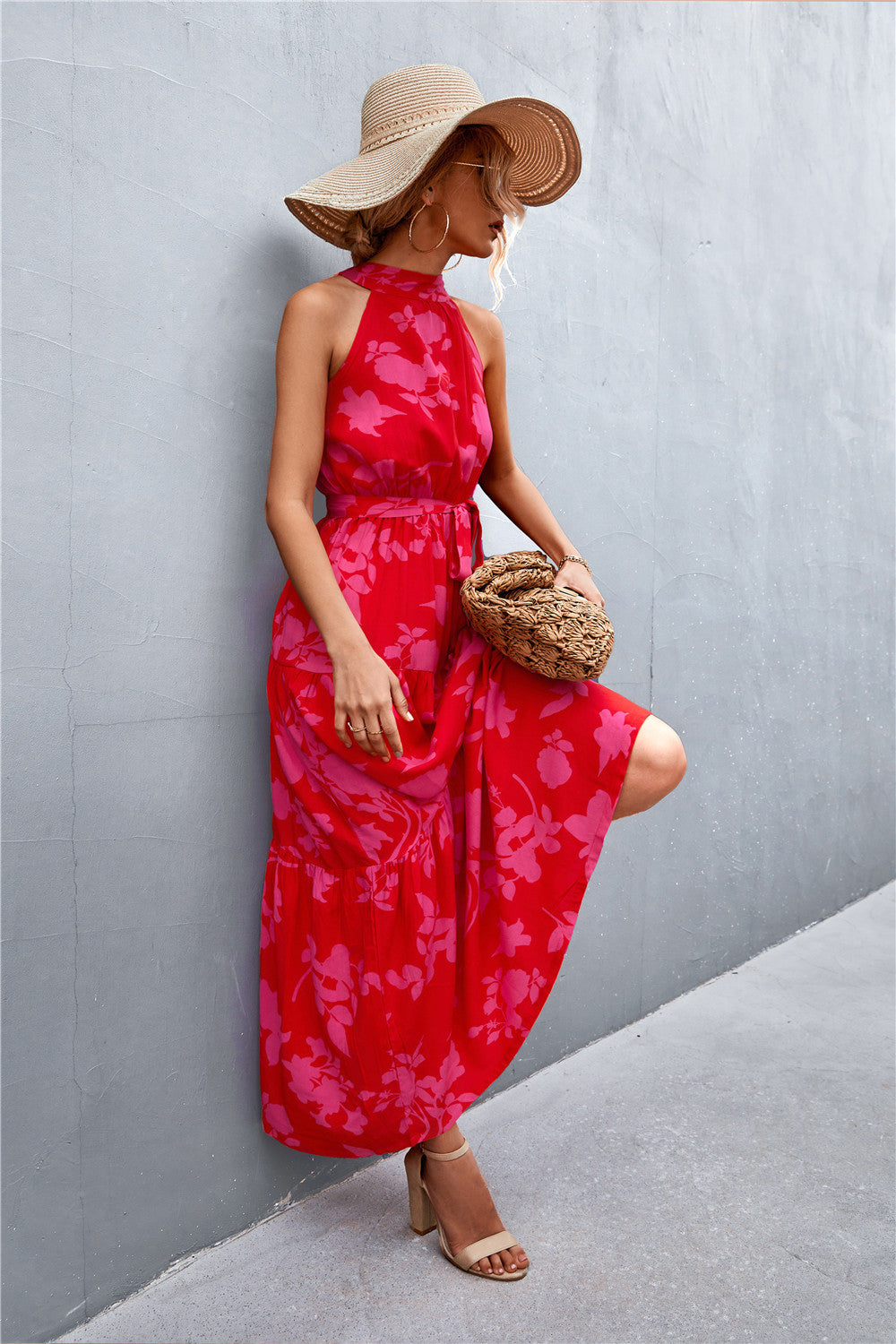 Printed Tie Waist Maxi Dress