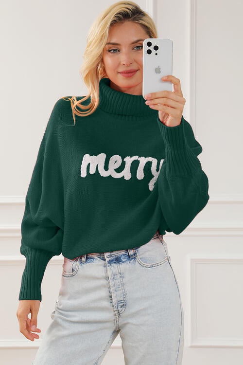 “Merry” Letter High Neck Sweater