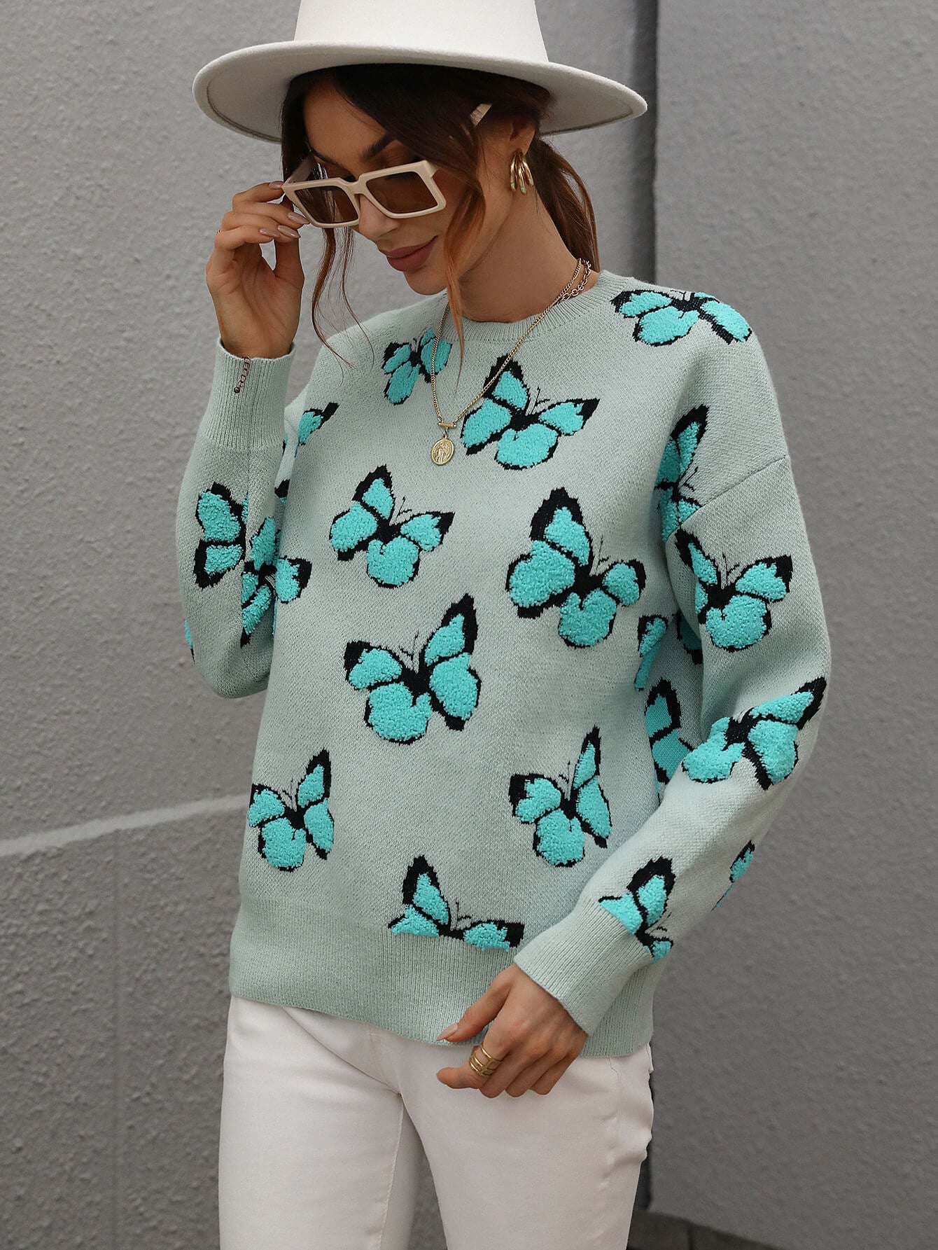 Butterfly Dropped Shoulder Crewneck Sweater