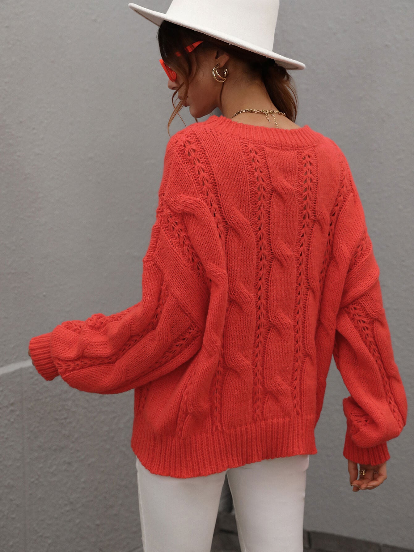 Cable-Knit Openwork Round Neck Sweater