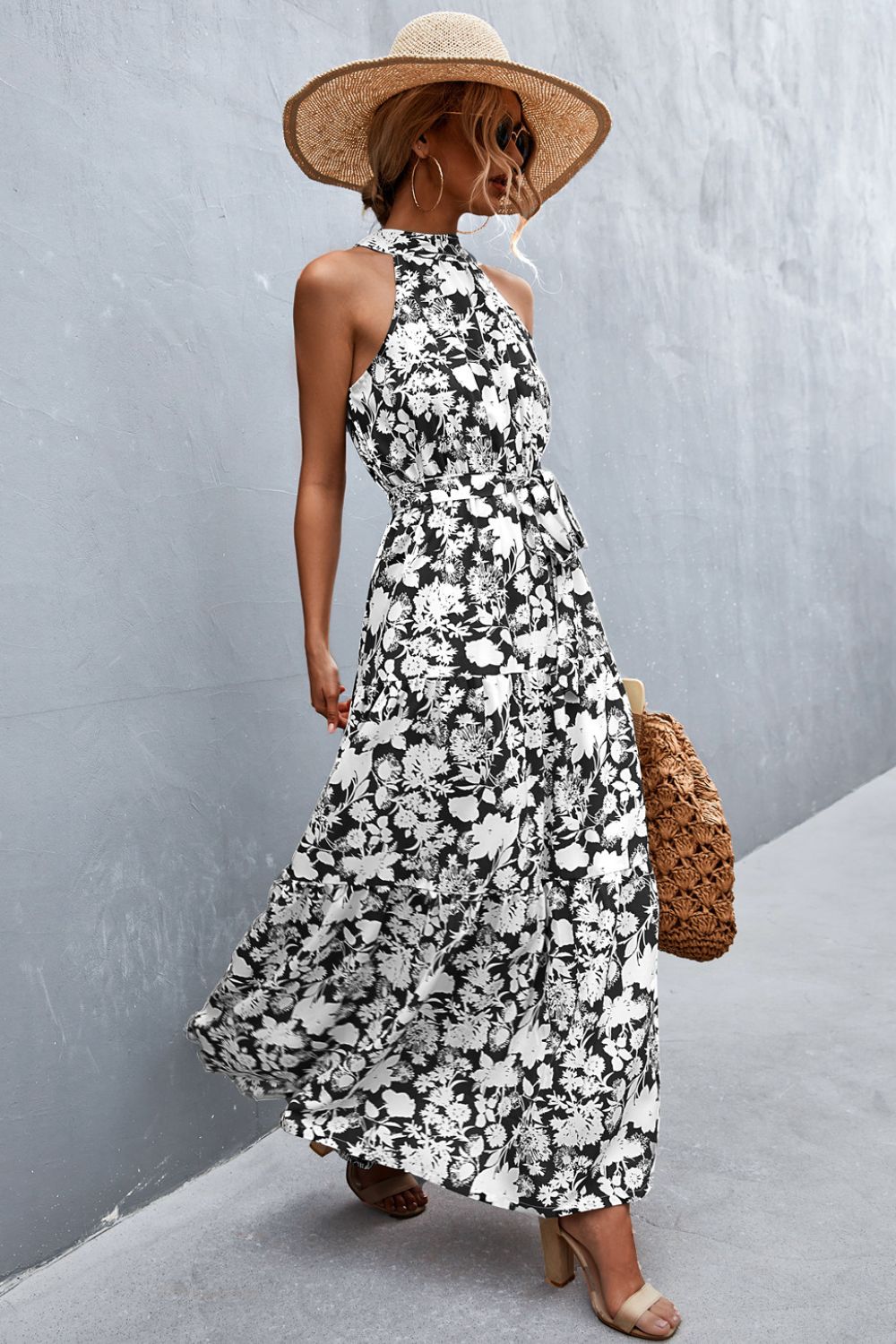 Printed Tie Waist Maxi Dress