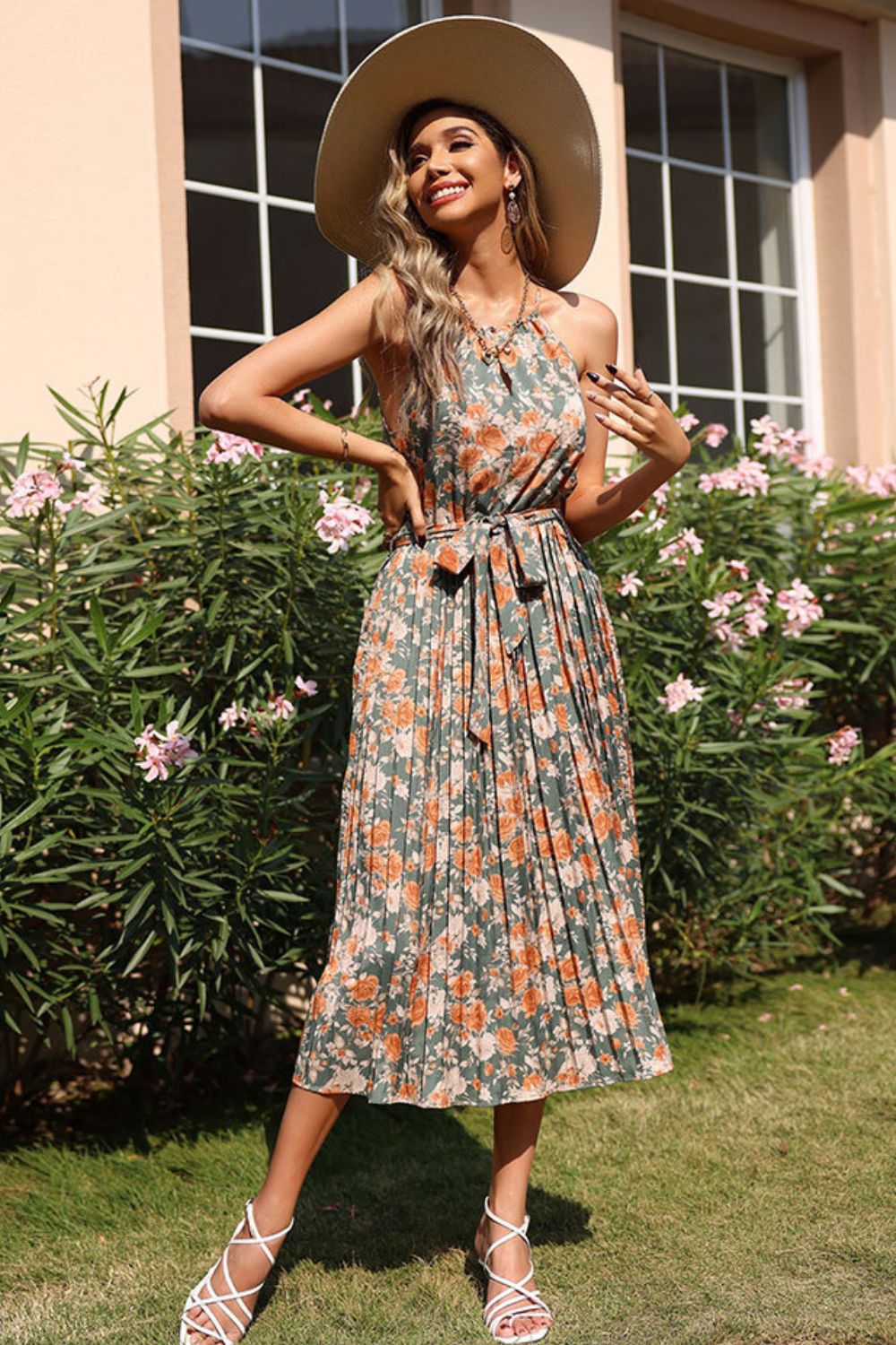 Floral Tie Waist Pleated Dress