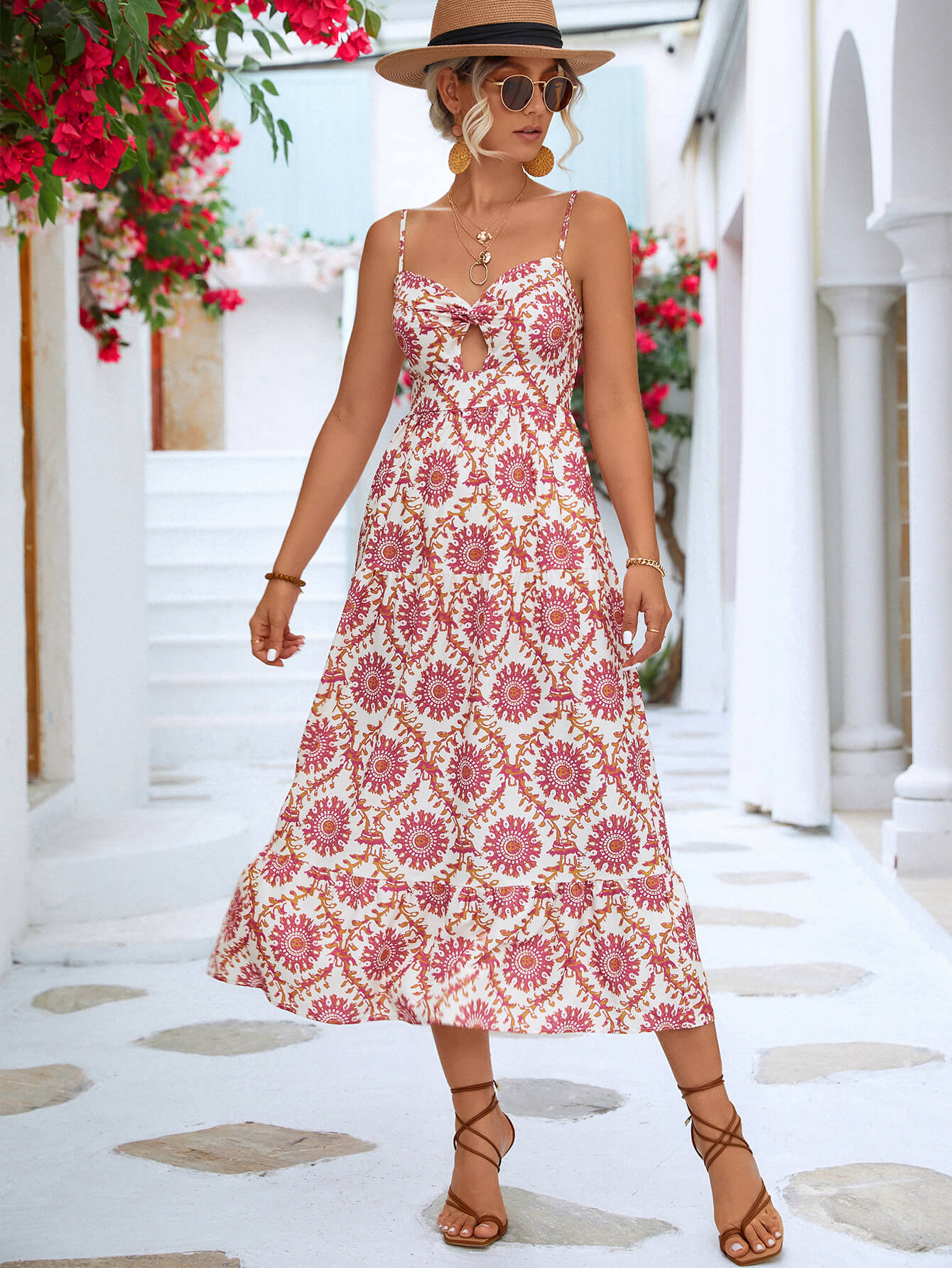 Printed Cutout Spaghetti Strap Midi Dress