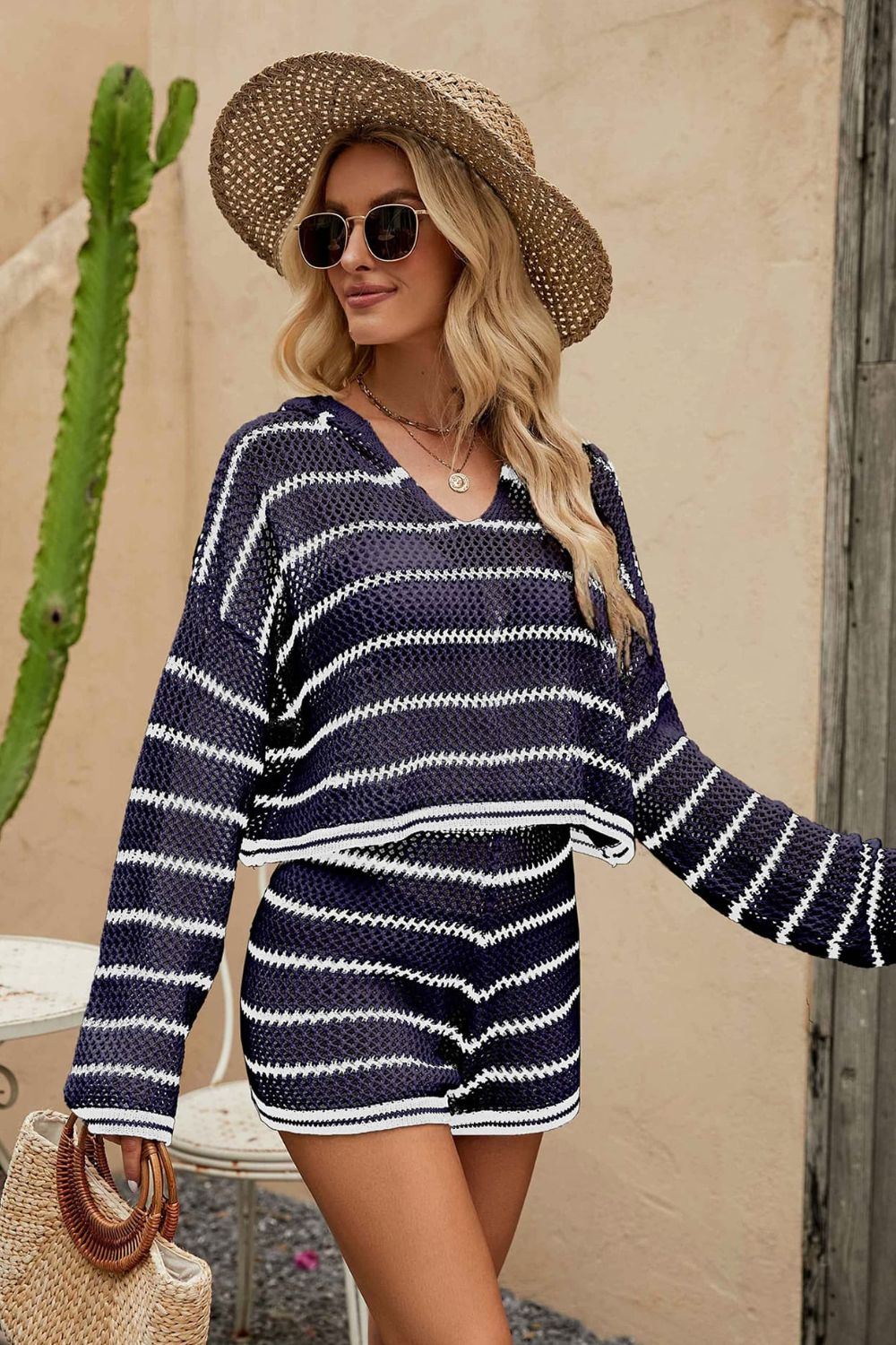 Striped Knit Hoodie & Shorts Set