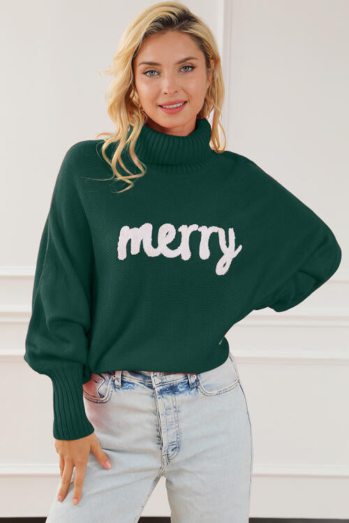 “Merry” Letter High Neck Sweater